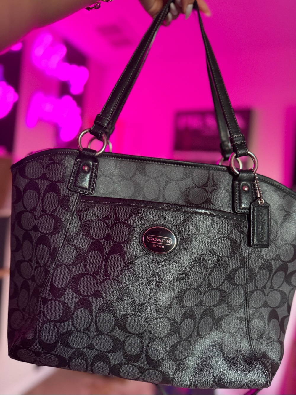 Coach Black Signature Canvas Tote with Leather Trim laptop work bag shoulder bag